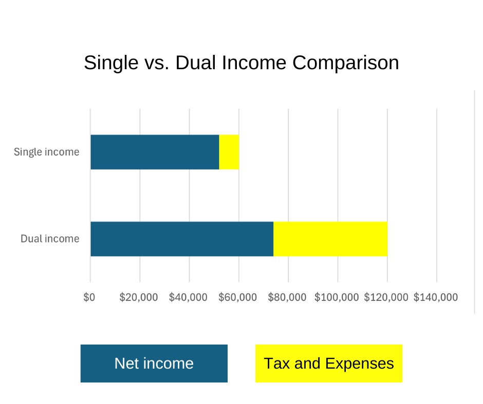 bar graph showing single vs dual income comparison with different colors showing net income as a part of total income