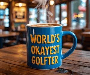 coffee mug sitting on table that says world's okayest golfer